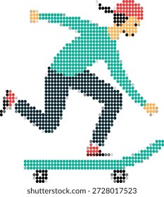 Dotted Skateboarder Performing Trick on White Background skateboarding action