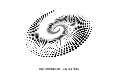 Dotted slanted spiral element. Radial spinning halftone texture. Circle swirl dots shape in perspective. Abstract background for poster, banner, logo, icon, collage, decoration, tag, emblem. Vector