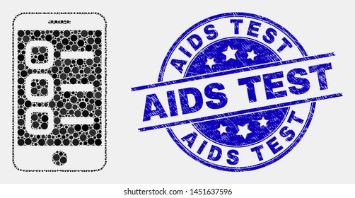 Dotted smartphone tasks mosaic icon and AIDS Test seal stamp. Blue vector rounded grunge stamp with AIDS Test phrase. Vector composition in flat style.