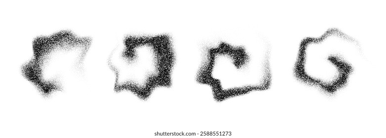 Dotted smoky shapes. Grainy fluid spots and stains. Black stippled flowing dust set. Noise splashes and splatters forms. Dissolve sand particles texture. Vector fading halfton gradient elements