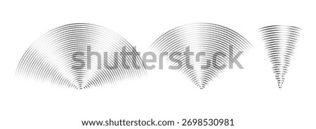 Dotted sound wave signal set. Radial radio or music audio icon collection. Rippled radar element sign bundle. Black dashed curved impulse or vibration pack. Echo soundwave symbols. Vector illustration