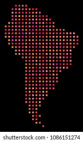 Dotted South America map. Vector geographical map in red color tones on a black background. Abstract composition of South America map made from regular square cells.