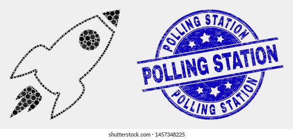Dotted space rocket mosaic icon and Polling Station seal stamp. Blue vector rounded scratched seal stamp with Polling Station text. Vector collage in flat style.