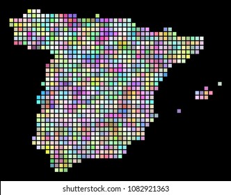 Dotted Spain map. Vector geographic map in smoothed casual colors on a black background. Vector composition of Spain map combined with regular small squares.