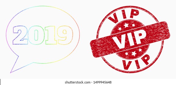 Dotted spectral 2019 message balloon mosaic pictogram and Vip seal stamp. Red vector round textured stamp with Vip caption. Vector collage in flat style.