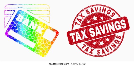 Dotted spectral bank cards mosaic icon and Tax Savings seal stamp. Red vector round grunge seal stamp with Tax Savings title. Vector combination in flat style.