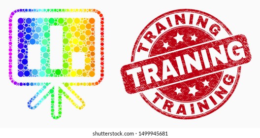 Dotted spectral bar chart presentation mosaic icon and Training seal stamp. Red vector round grunge seal stamp with Training phrase. Vector composition in flat style.