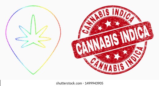 Dotted spectral cannabis map marker mosaic icon and Cannabis Indica seal stamp. Red vector rounded distress seal stamp with Cannabis Indica message. Vector composition in flat style.