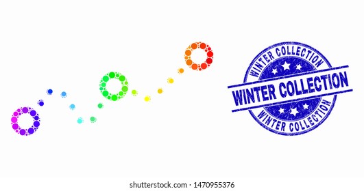 Dotted spectral dotted chart mosaic pictogram and Winter Collection seal. Blue vector round scratched seal stamp with Winter Collection caption. Vector combination in flat style.