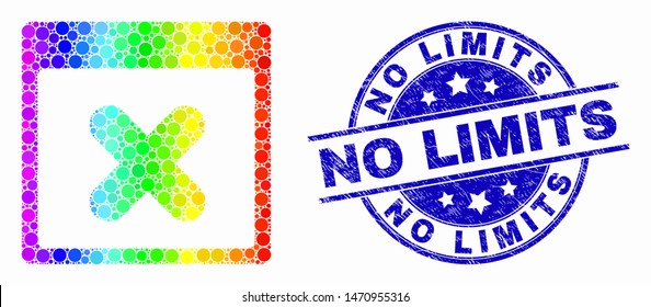 Dotted spectral close application window mosaic pictogram and No Limits stamp. Blue vector rounded textured stamp with No Limits phrase. Vector combination in flat style.