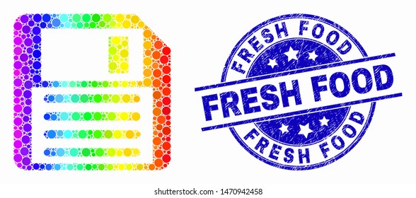 Dotted spectral floppy disk mosaic pictogram and Fresh Food seal stamp. Blue vector rounded grunge stamp with Fresh Food caption. Vector combination in flat style.