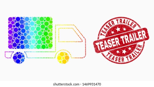Icono de mosaico de coche espectral y sello de sellado del remolque Teaser. Sello rojo vectorial redondo rayado con la frase del remolque Teaser. Collaje vectorial en estilo plano.
