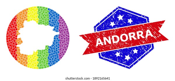 Dotted spectral map of Andorra mosaic formed with circle and subtracted shape, and textured seal stamp. LGBTQ rainbow colored pixels around empty map of Andorra.
