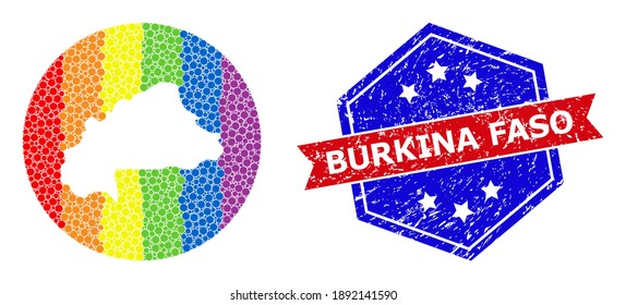 Dotted spectral map of Burkina Faso mosaic designed with circle and subtracted space, and grunge seal stamp. LGBT rainbow colored dots around empty map of Burkina Faso.