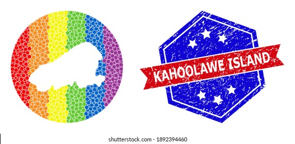Mapa espectral apuntado del collage de la isla Kahoolawe creado con círculo y esténcil, y marca de agua texturada. Píxeles de color arco iris LGBTQ alrededor del mapa vacío de la isla Kahoolawe.