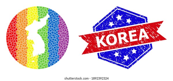 Mapa espectral apuntado del collage de Corea diseñado con un espacio circunflejo y substrato, y sello de sellado de socorro. Puntos coloreados del espectro LGBTQ alrededor del mapa vacío de Corea.