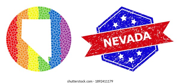 Dotted spectral map of Nevada State collage designed with circle and cut out shape, and textured stamp. LGBTQ rainbow colored dots around empty map of Nevada State.