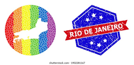 Dotted spectral map of Rio de Janeiro State mosaic created with circle and subtracted shape, and grunge seal stamp. LGBT rainbow colored pixels around empty map of Rio de Janeiro State.