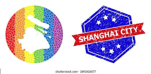 Dotted spectral map of Shanghai Municipality collage created with circle and carved shape, and textured seal stamp. LGBTQ rainbow colored pixels around empty map of Shanghai Municipality.