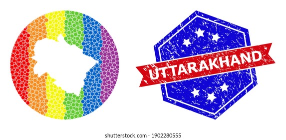 Dotted spectral map of Uttarakhand State mosaic created with circle and subtracted shape, and distress seal. LGBT rainbow colored pixels around empty map of Uttarakhand State.