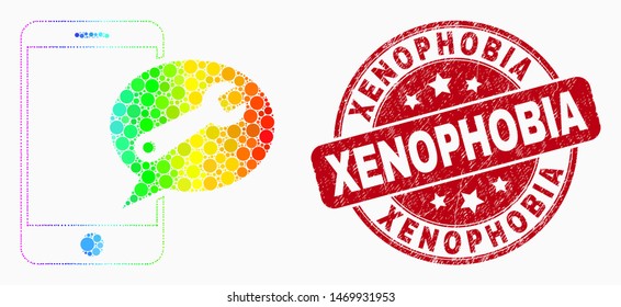 Dotted Spectral Mobile Service Message Mosaic Icon And Xenophobia Stamp. Red Vector Round Grunge Seal Stamp With Xenophobia Text. Vector Composition In Flat Style.