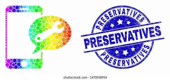 Dotted spectral mobile service message mosaic icon and Preservatives stamp. Blue vector round grunge watermark with Preservatives text. Vector collage in flat style.