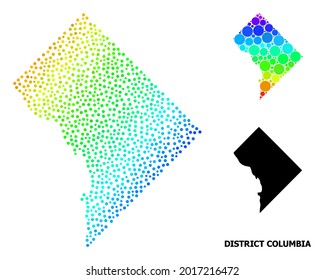 Dotted spectral, and monochrome map of District Columbia, and black tag. Vector model is created from map of District Columbia with circles. Collage is useful for geographic ads.
