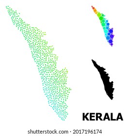 Mapa espectral, monocromo, del estado de Kerala, y título negro. El modelo vectorial se crea a partir del mapa del estado de Kerala con esferas. Plantilla diseñada para fines políticos.