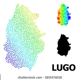 Dotted spectral, and monochrome map of Lugo Province, and black text. Vector structure is created from map of Lugo Province with circles. Illustration is useful for geographic ads.