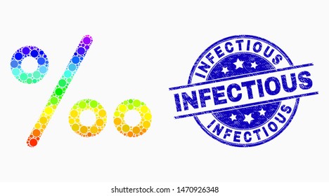 Dotted spectral per mille symbol mosaic icon and Infectious watermark. Blue vector rounded textured seal stamp with Infectious message. Vector composition in flat style.