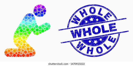 Dotted spectral pray person mosaic icon and Whole seal stamp. Blue vector round scratched watermark with Whole phrase. Vector collage in flat style.
