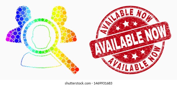 Dotted spectral search people mosaic icon and Available Now stamp. Red vector round scratched seal stamp with Available Now message. Vector composition in flat style.