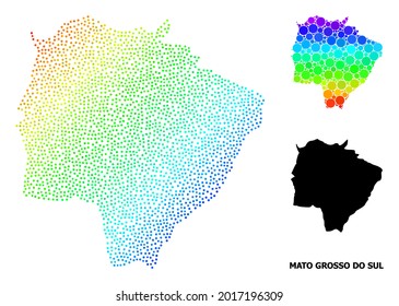 Mapa espectral y sólido del estado de Mato Grosso do Sul, y texto negro. La estructura vectorial se crea a partir del mapa del estado de Mato Grosso do Sul con círculos.