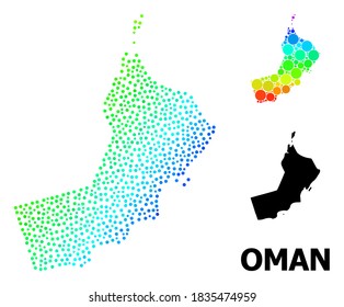 Dotted spectral, and solid map of Oman, and black caption. Vector model is created from map of Oman with round dots. Illustration for political ads. Spectral gradiented map of Oman,