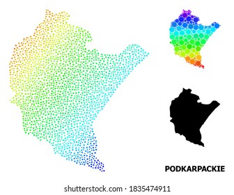 Dotted spectral, and solid map of Podkarpackie Province, and black title. Vector structure is created from map of Podkarpackie Province with round dots. Collage is useful for geographic templates.