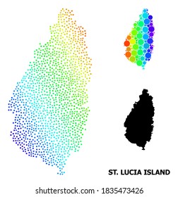 Dotted spectral, and solid map of Saint Lucia Island, and black tag. Vector model is created from map of Saint Lucia Island with round dots. Template is useful for political ads.