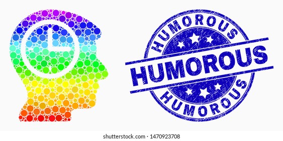 Dotted spectral time thinking mosaic pictogram and Humorous seal stamp. Blue vector round distress seal stamp with Humorous title. Vector combination in flat style.