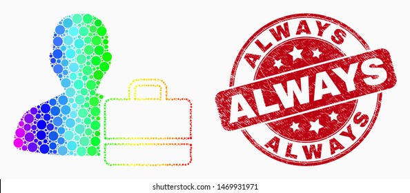 Dotted spectral user case mosaic icon and Always stamp. Red vector round distress seal stamp with Always title. Vector composition in flat style. Spectral gradient user case mosaic of random dots,