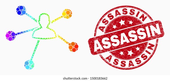 Dotted spectral user links mosaic pictogram and Assassin stamp. Red vector rounded textured stamp with Assassin phrase. Vector composition in flat style.