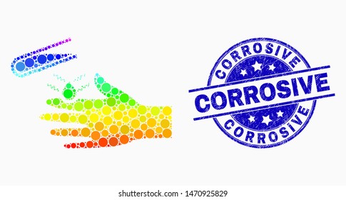 Dotted spectrum acid damaged hand mosaic pictogram and Corrosive seal. Blue vector rounded scratched seal stamp with Corrosive message. Vector collage in flat style.