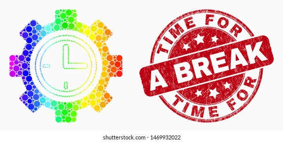 Dotted spectrum clock setup wheel mosaic icon and Time for a Break seal stamp. Red vector round textured seal with Time for a Break caption. Vector composition in flat style.