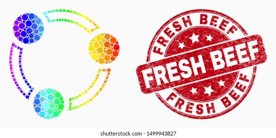 Dotted spectrum collaboration mosaic pictogram and Fresh Beef seal stamp. Red vector round distress stamp with Fresh Beef message. Vector collage in flat style.