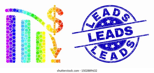 Dotted spectrum crisis bar chart mosaic icon and Leads seal. Blue vector round scratched seal stamp with Leads text. Vector collage in flat style.