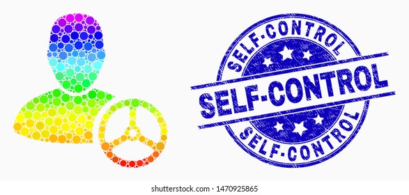 Dotted spectrum driver man mosaic pictogram and Self-Control seal. Blue vector rounded scratched seal with Self-Control title. Vector combination in flat style.