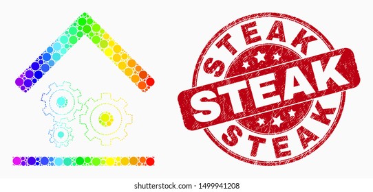 Dotted spectrum engine service garage mosaic icon and Steak seal stamp. Red vector round scratched stamp with Steak message. Vector composition in flat style.