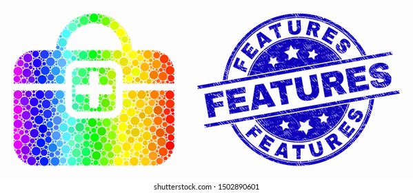 Dotted spectrum first-aid case mosaic pictogram and Features seal stamp. Blue vector rounded scratched seal stamp with Features caption. Vector composition in flat style.