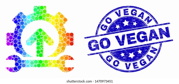 Dotted spectrum forward gear repair mosaic pictogram and Go Vegan stamp. Blue vector rounded textured seal stamp with Go Vegan title. Vector collage in flat style.