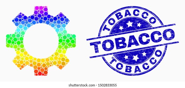 Dotted spectrum gear mosaic icon and Tobacco seal stamp. Blue vector round distress seal stamp with Tobacco title. Vector collage in flat style. Colorful gradient gear mosaic of scattered spheres,