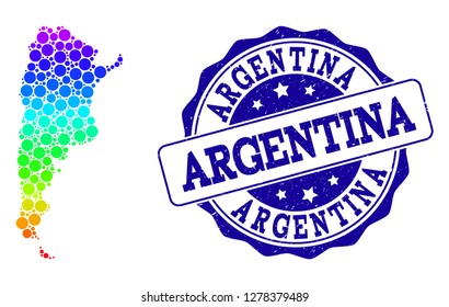 Dotted spectrum map of Argentina and blue grunge round stamp seal. Vector geographic map in bright spectrum gradient colors on a white background.