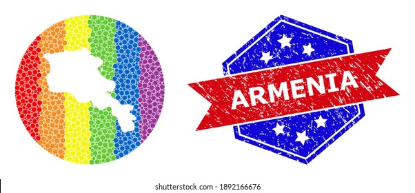 Dotted spectrum map of Armenia mosaic designed with circle and subtracted shape, and grunge seal. LGBT spectrum colored pixels around empty map of Armenia.